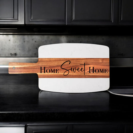 Personalized Marble and Acacia Cheese Board with Home Sweet Home