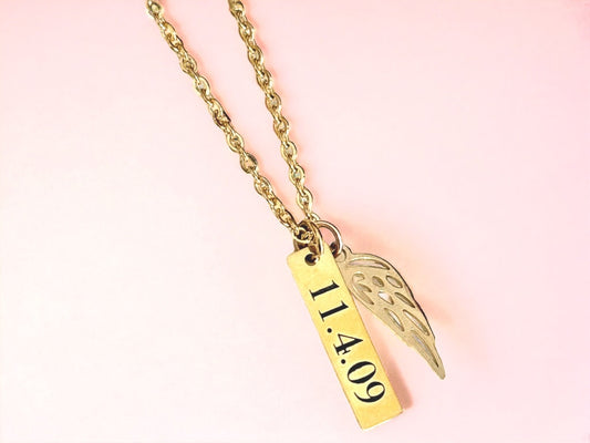 Personalized Memorial Necklace with Angel Wing